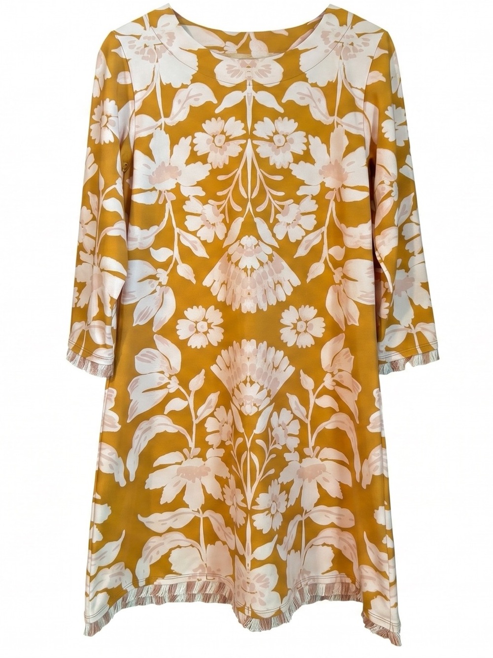 Spartina 449 Island Fringe Dress McAllister Floral Vine Caramel 3/4 Sleeve NWOT
